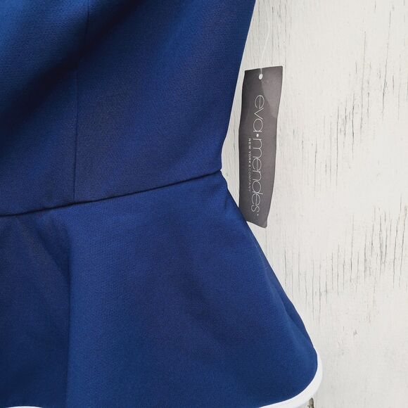 Eva Mendes NY & Company Strapless Navy Peplum Ruffled Midi Coctail Dress 6 Nwt - Picture 4 of 8